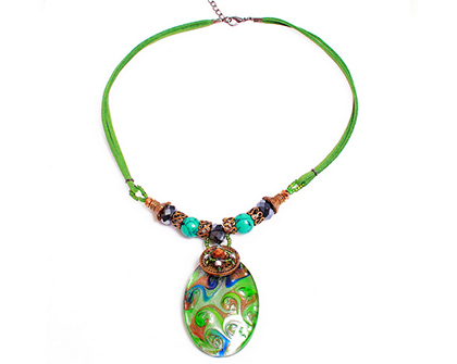 green & blue oval drop pendant & cord necklace